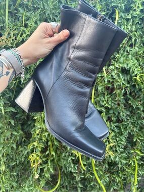 Feners la Semaine Black Leather Block Heel Ankle Boots, 90’s Style- Women's